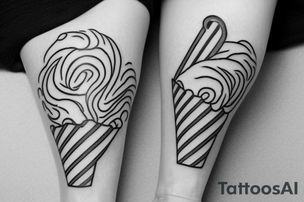Design a 2D black and white tattoo of a soft serve ice cream in a cone with a flat bottom, in a cute and playful cartoon style. The ice cream should have a swirled texture and the cone should have a waffle pattern. The overall size of the tattoo should be no more than 1.5 inches in height or width. Focus on creating clean lines and bold shapes to make the design stand out tattoo idea