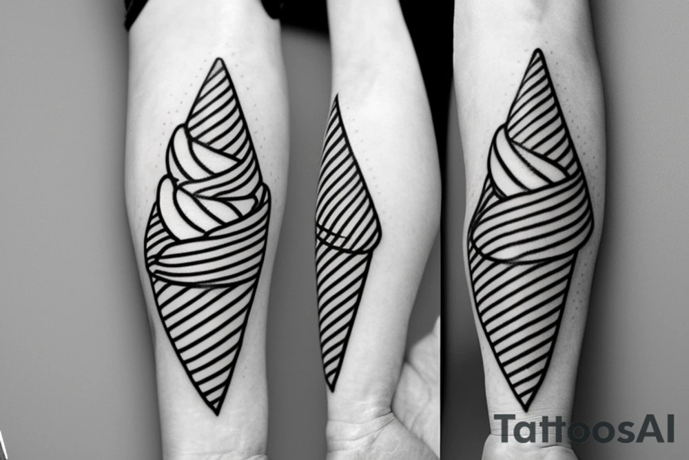 Design a 2D black and white tattoo of a soft serve ice cream in a cone with a flat bottom, in a cute and playful cartoon style. The ice cream should have a swirled texture and the cone should have a waffle pattern. The overall size of the tattoo should be no more than 1.5 inches in height or width. Focus on creating clean lines and bold shapes to make the design stand out tattoo idea