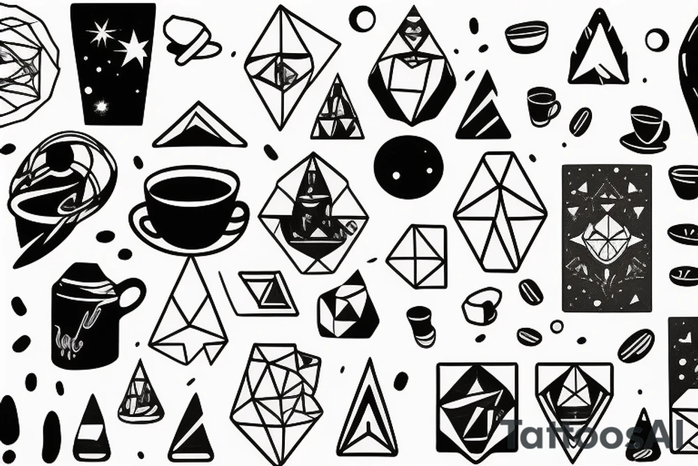 Space and snowy mountains and coffee and cats tattoo idea