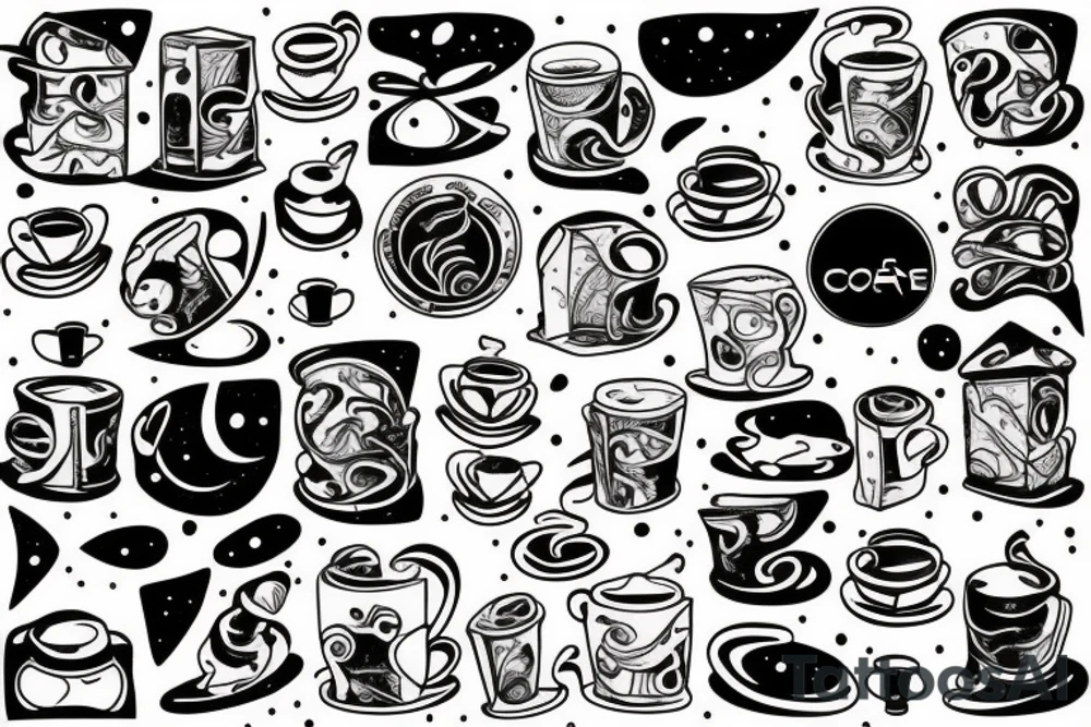Space and snowy mountains and coffee and cats tattoo idea