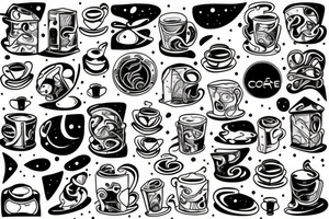 Space and snowy mountains and coffee and cats tattoo idea