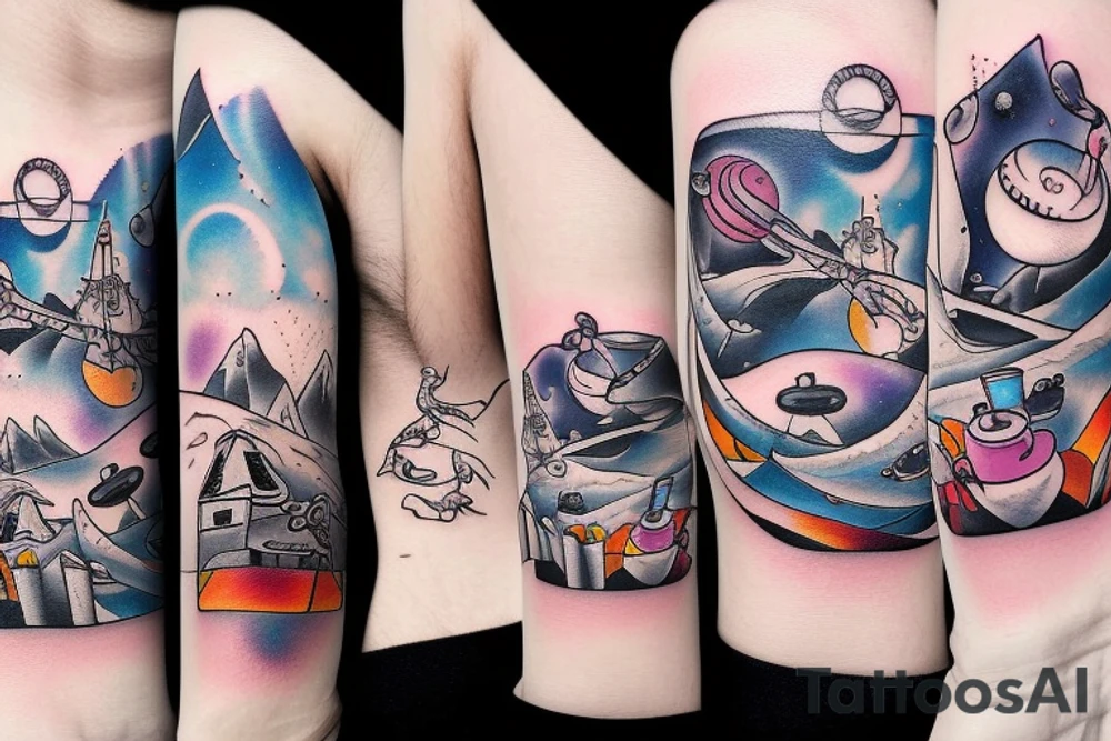 Space and snowy mountains and coffee and cats tattoo idea