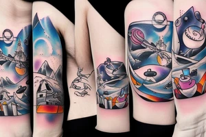 Space and snowy mountains and coffee and cats tattoo idea