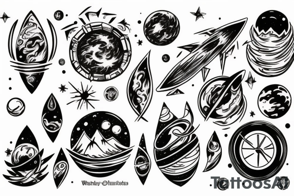 Space and snowy mountains tattoo idea