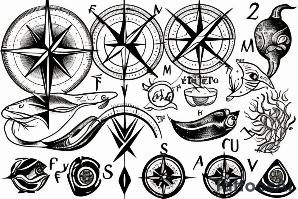 a compass with food-related symbols, such as a pepper, an egg, a lemon, and a fish, pointing in different directions tattoo idea