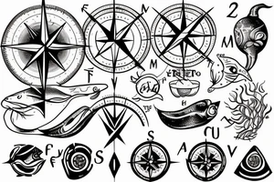 a compass with food-related symbols, such as a pepper, an egg, a lemon, and a fish, pointing in different directions tattoo idea