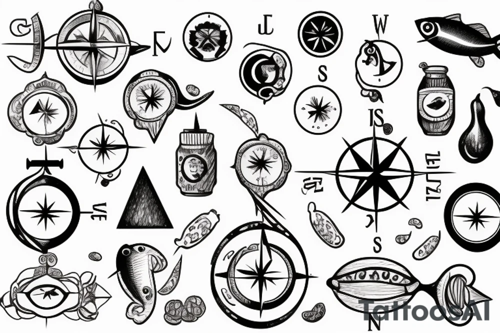 a compass with food-related symbols, such as a pepper, an egg, a lemon, and a fish, pointing in different directions tattoo idea