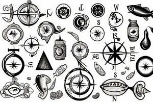 a compass with food-related symbols, such as a pepper, an egg, a lemon, and a fish, pointing in different directions tattoo idea