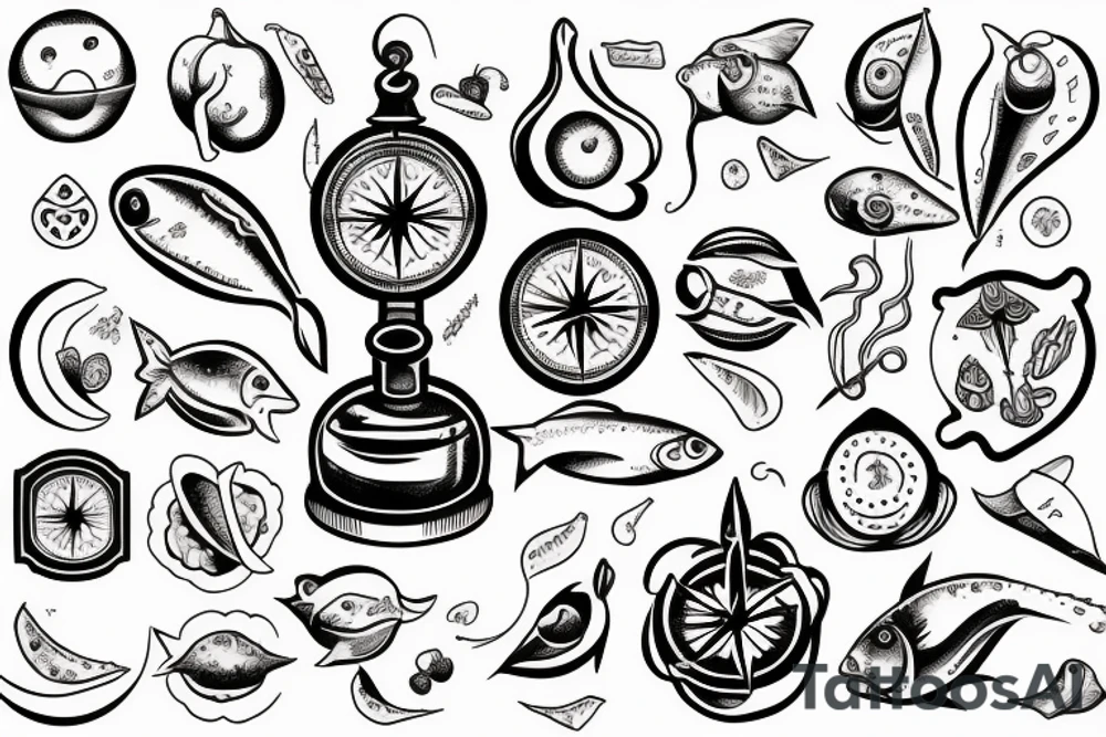 a compass with food-related symbols, such as a pepper, an egg, a lemon, and a fish, pointing in different directions tattoo idea