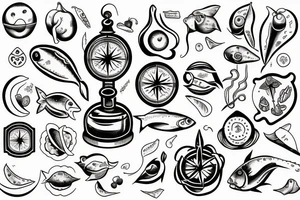 a compass with food-related symbols, such as a pepper, an egg, a lemon, and a fish, pointing in different directions tattoo idea