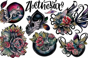Japoński smok z fioletowymi kwiatami tattoo idea