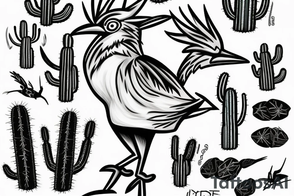 Roadrunner running next to cactus tattoo idea