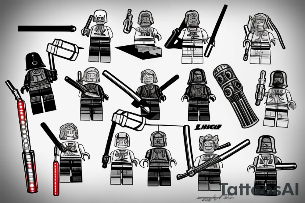 Lego figure with a lightsaber and Thor’s hammer tattoo idea