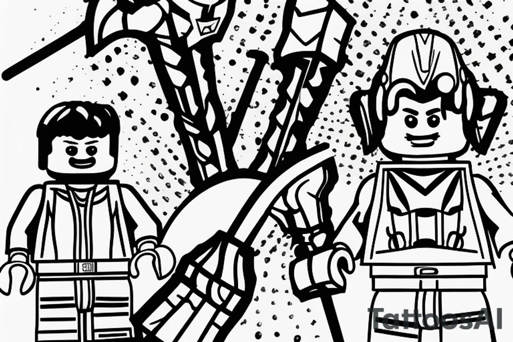 Lego figure with a lightsaber and Thor’s hammer tattoo idea