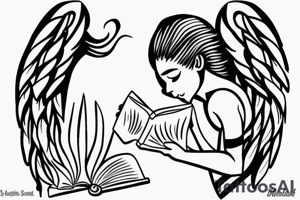 angel reading a book, having a sword tattoo idea