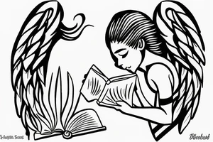 angel reading a book, having a sword tattoo idea