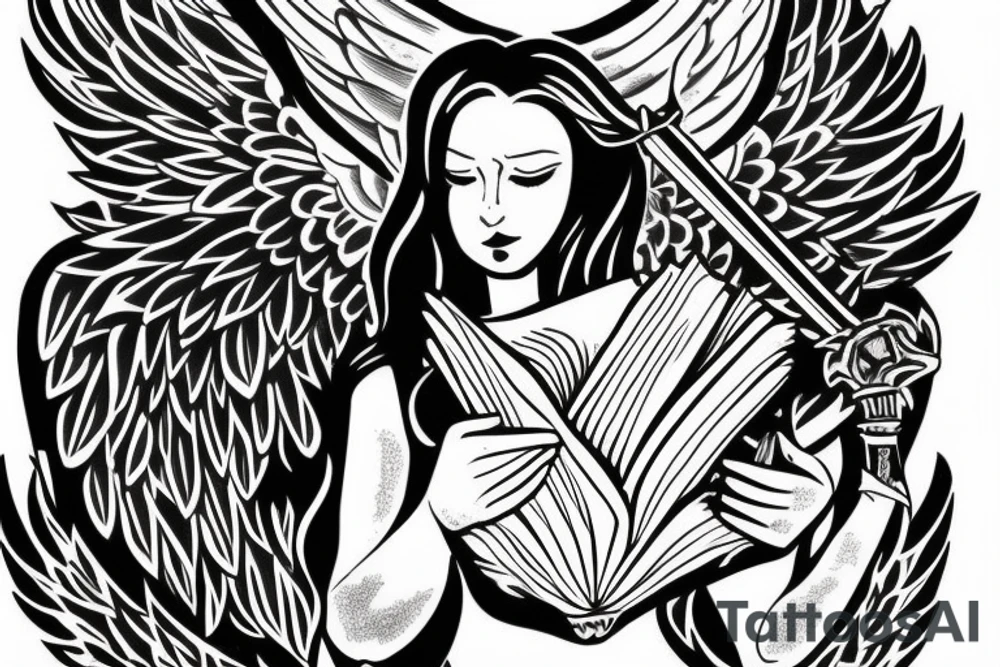 angel reading a book, having a sword tattoo idea