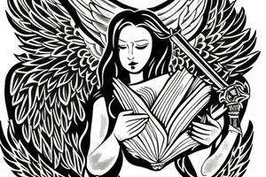 angel reading a book, having a sword tattoo idea