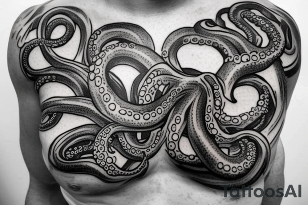 an octopus on the shoulder, drawn on part of the chest and arm tattoo idea