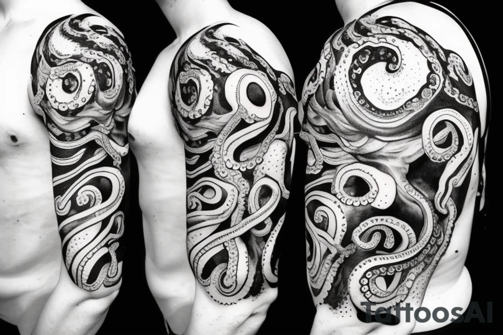 an octopus on the shoulder, drawn on part of the chest and arm tattoo idea
