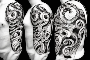 an octopus on the shoulder, drawn on part of the chest and arm tattoo idea