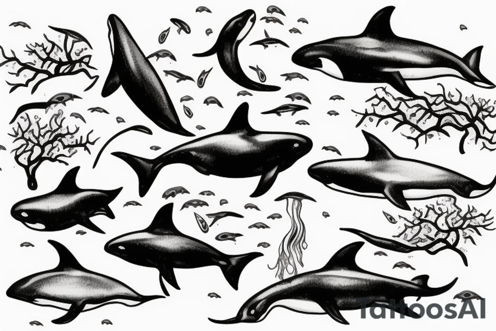 orcas swimming around a tree tattoo idea