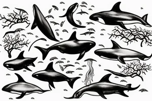 orcas swimming around a tree tattoo idea