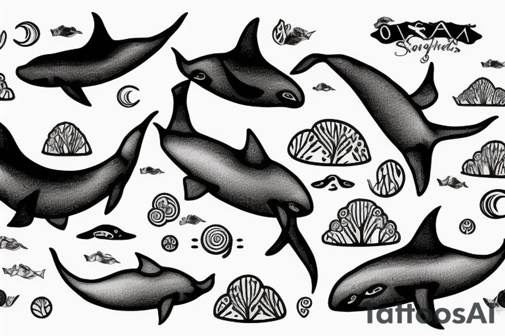orcas swimming around a tree tattoo idea