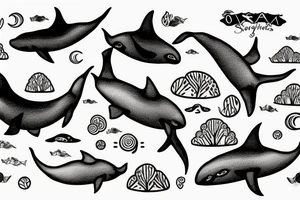 orcas swimming around a tree tattoo idea