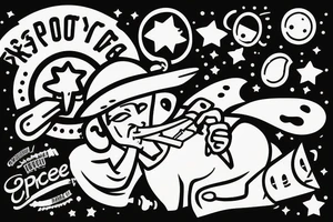 A Cowboy smoking a Joint Riding a Spacerocket. tattoo idea
