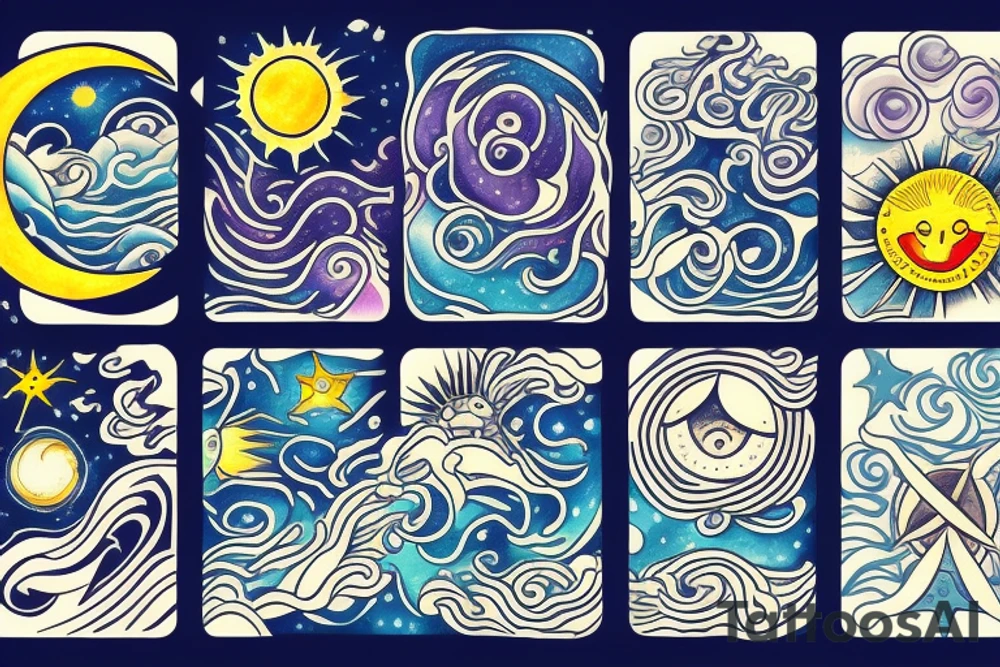 the universe, the sun moon and stars and the earth in the sea tattoo idea