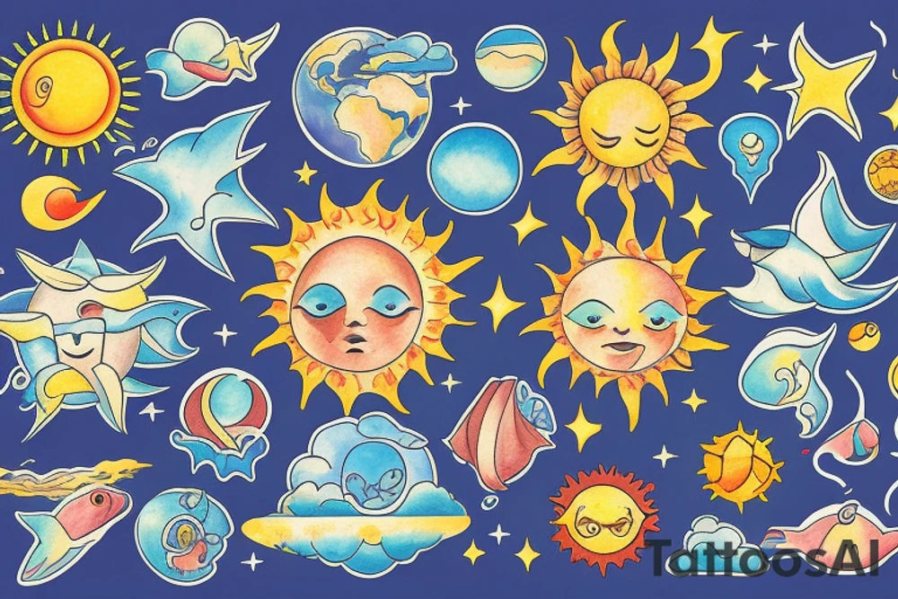 the universe, the sun moon and stars and the earth in the sea tattoo idea