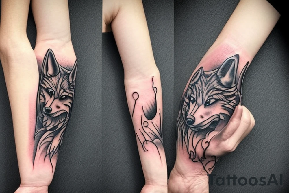 a single arm tattoo covering elbow to palm - of a ferocious wolf coming out of a vortex tattoo idea