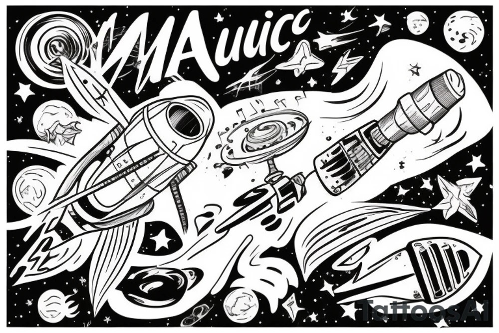 musical rocket flies to mars among the stars tattoo idea