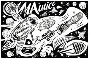 musical rocket flies to mars among the stars tattoo idea