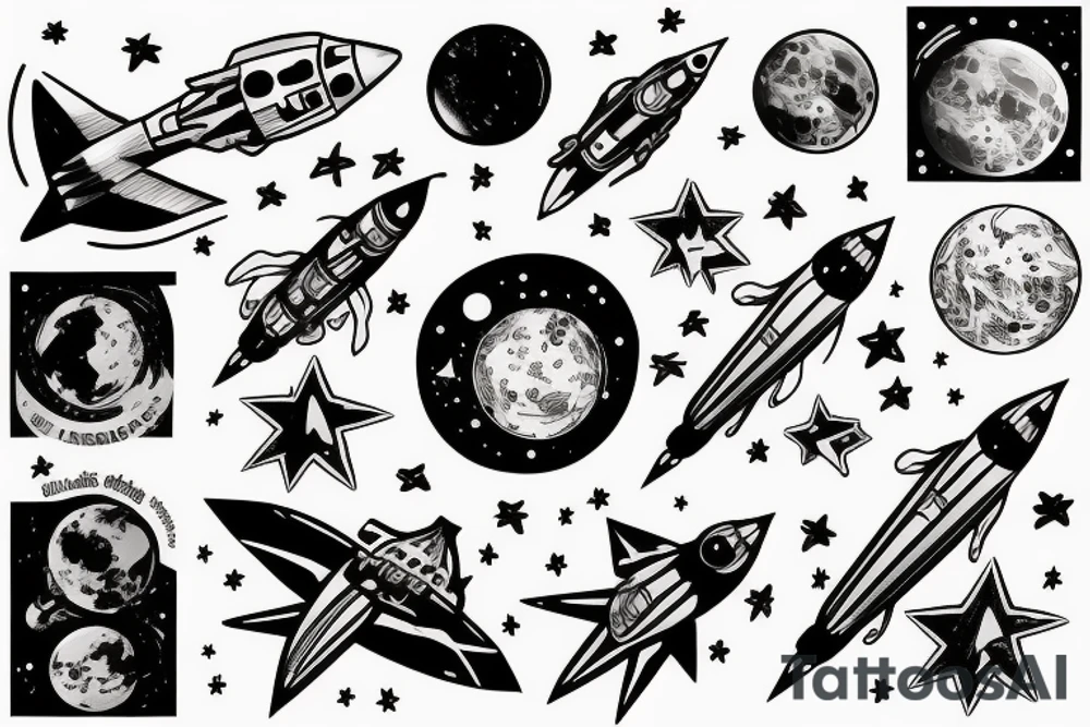 musical rocket flies to mars among the stars tattoo idea