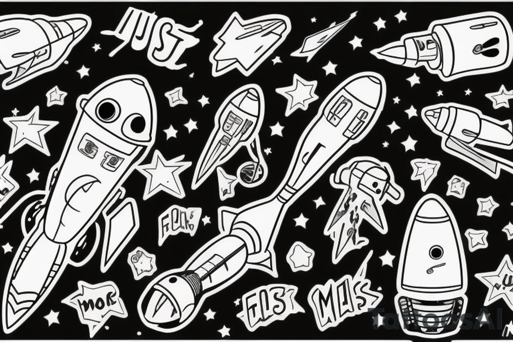 musical rocket flies to mars among the stars tattoo idea