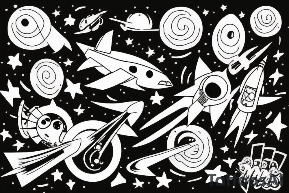 musical rocket flies to mars among the stars tattoo idea