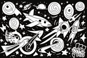 musical rocket flies to mars among the stars tattoo idea