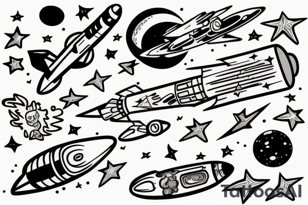 musical rocket flies to mars among the stars tattoo idea