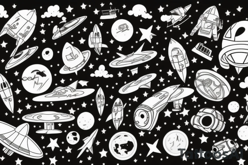 musical rocket flies to mars among the stars tattoo idea