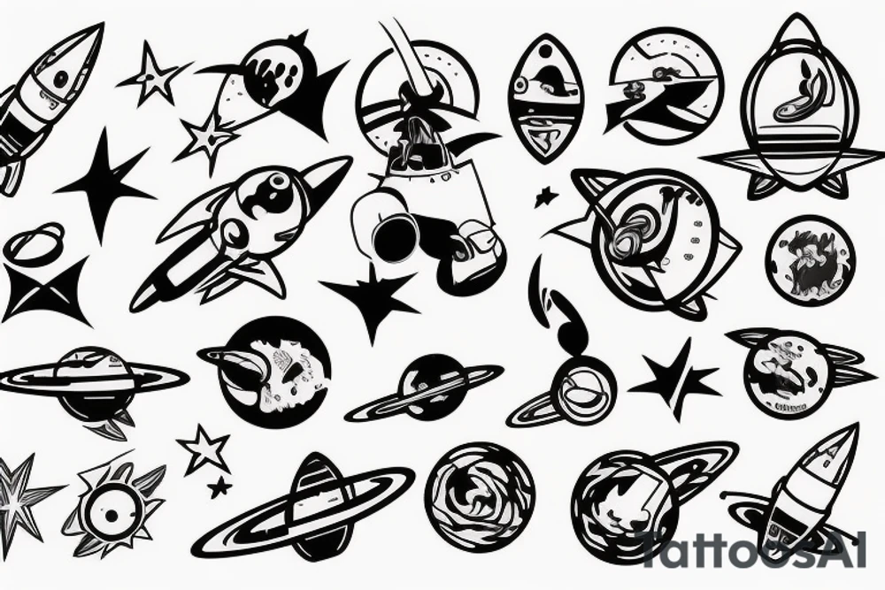 musical rocket flies to mars among the stars tattoo idea
