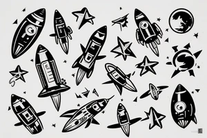 musical rocket flies to mars among the stars tattoo idea