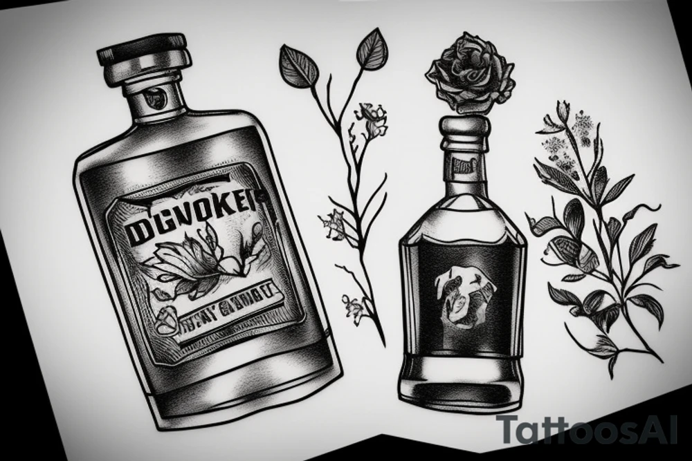 Plant in a whiskey bottle and a dog on side tattoo idea