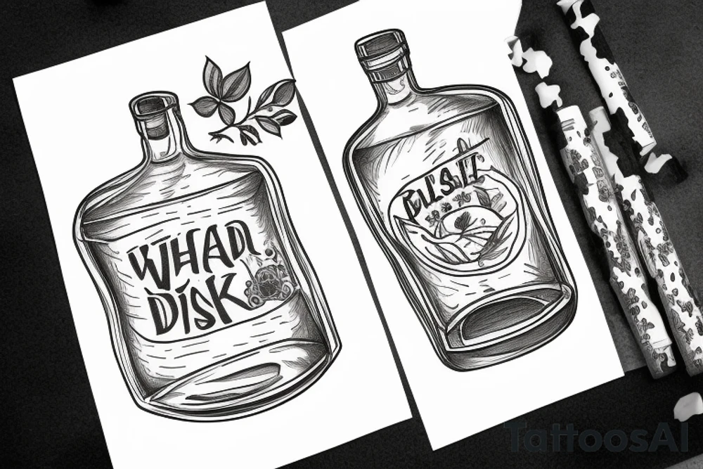 Plant in a whiskey bottle and a dog on side tattoo idea