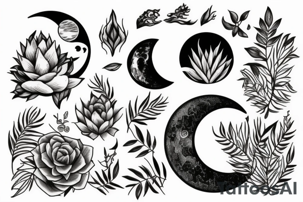 Moon with plants merged tattoo idea