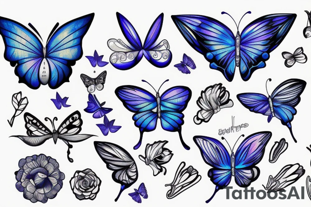 Space butterfly arm shoulder flower blue tattoo idea