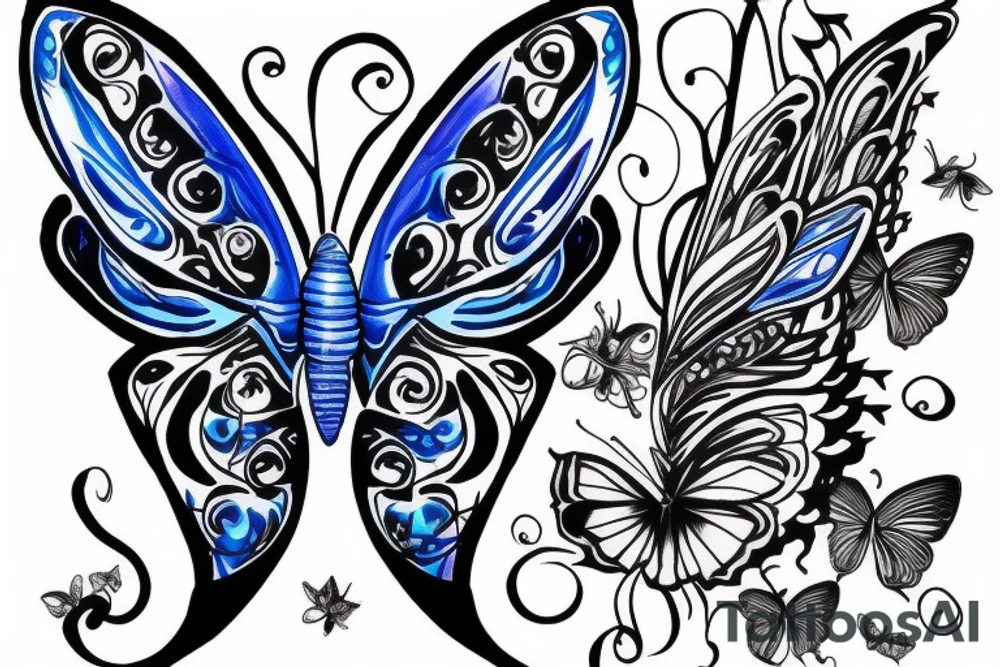 Space butterfly arm shoulder flower blue tattoo idea