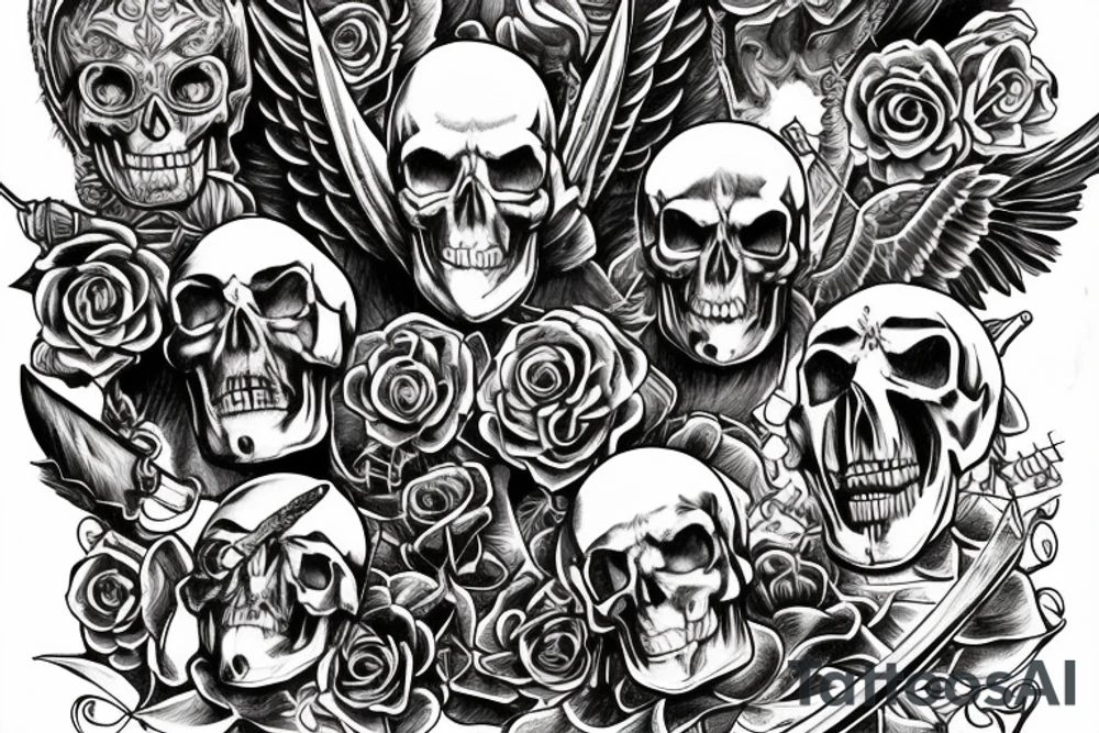 a back tattoo of a fight, archangel michael with a sword, a scythe, a skull, good and evil, an angel, death tarot, 111, vulture, and roses tattoo idea
