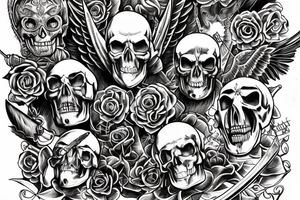 a back tattoo of a fight, archangel michael with a sword, a scythe, a skull, good and evil, an angel, death tarot, 111, vulture, and roses tattoo idea